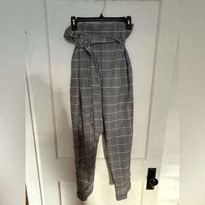 Bershka Gray Plaid High-Waist Paperbag Trousers